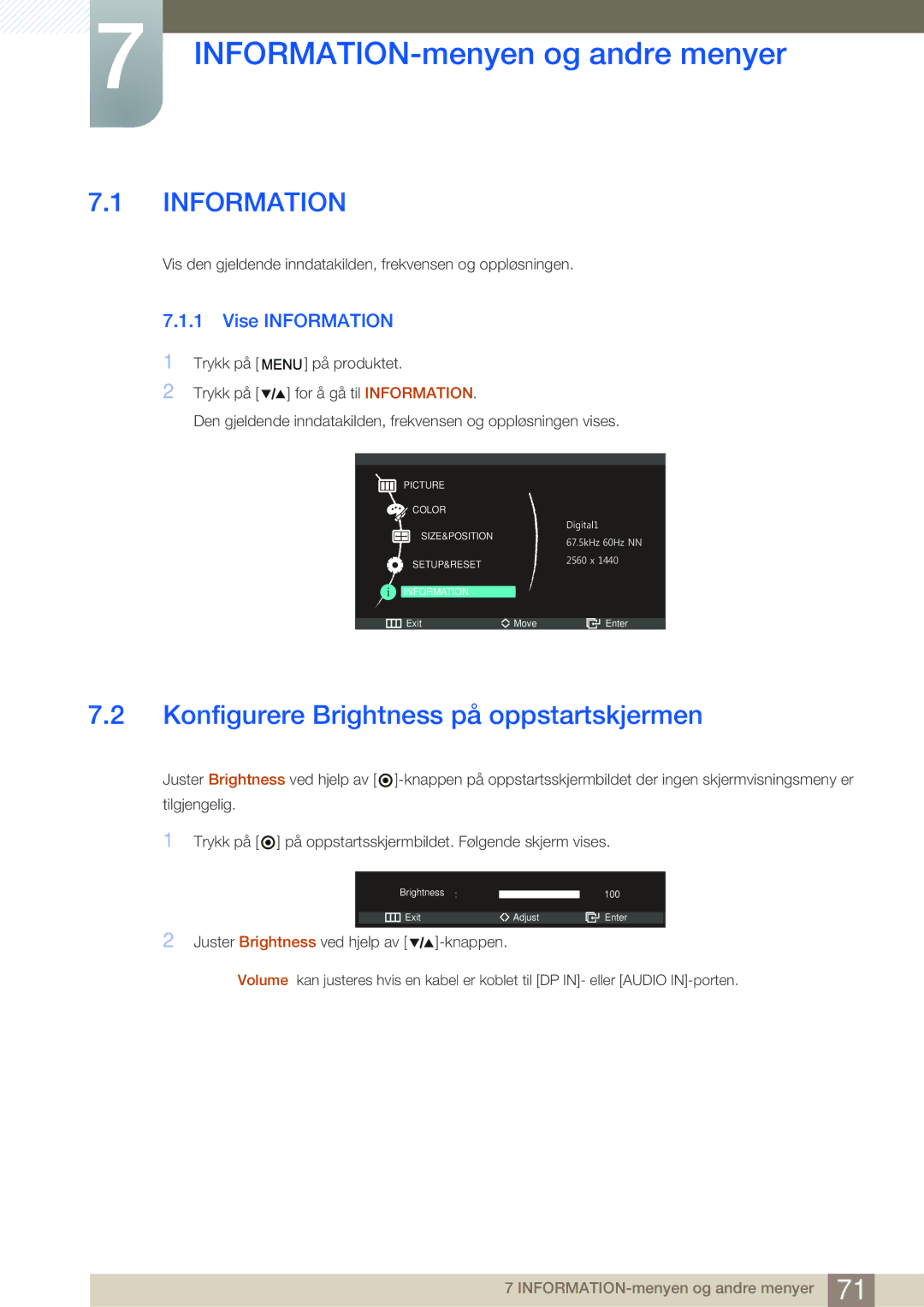 Samsung LS27A850DS/EN INFORMATION-menyen og andre menyer, Konfigurere Brightness på oppstartskjermen, Vise Information 