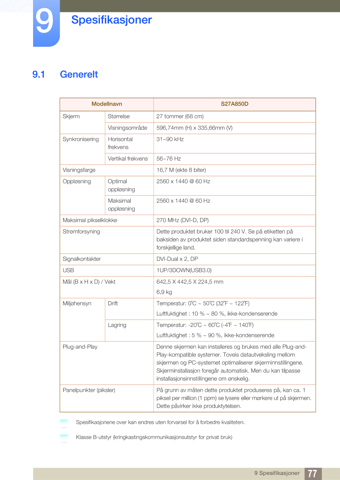 Samsung LS27A850DS/EN, LS27A850DSR/EN manual Spesifikasjoner, Generelt 