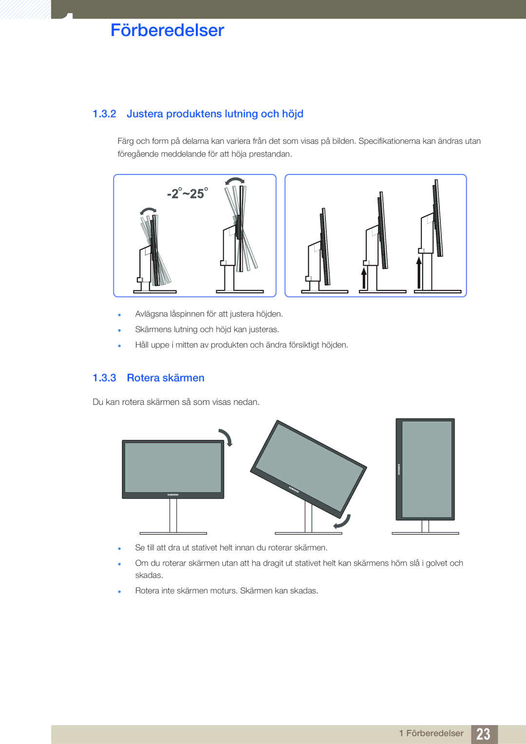 Samsung LS27A850DS/EN, LS27A850DSR/EN manual Justera produktens lutning och höjd, Rotera skärmen 