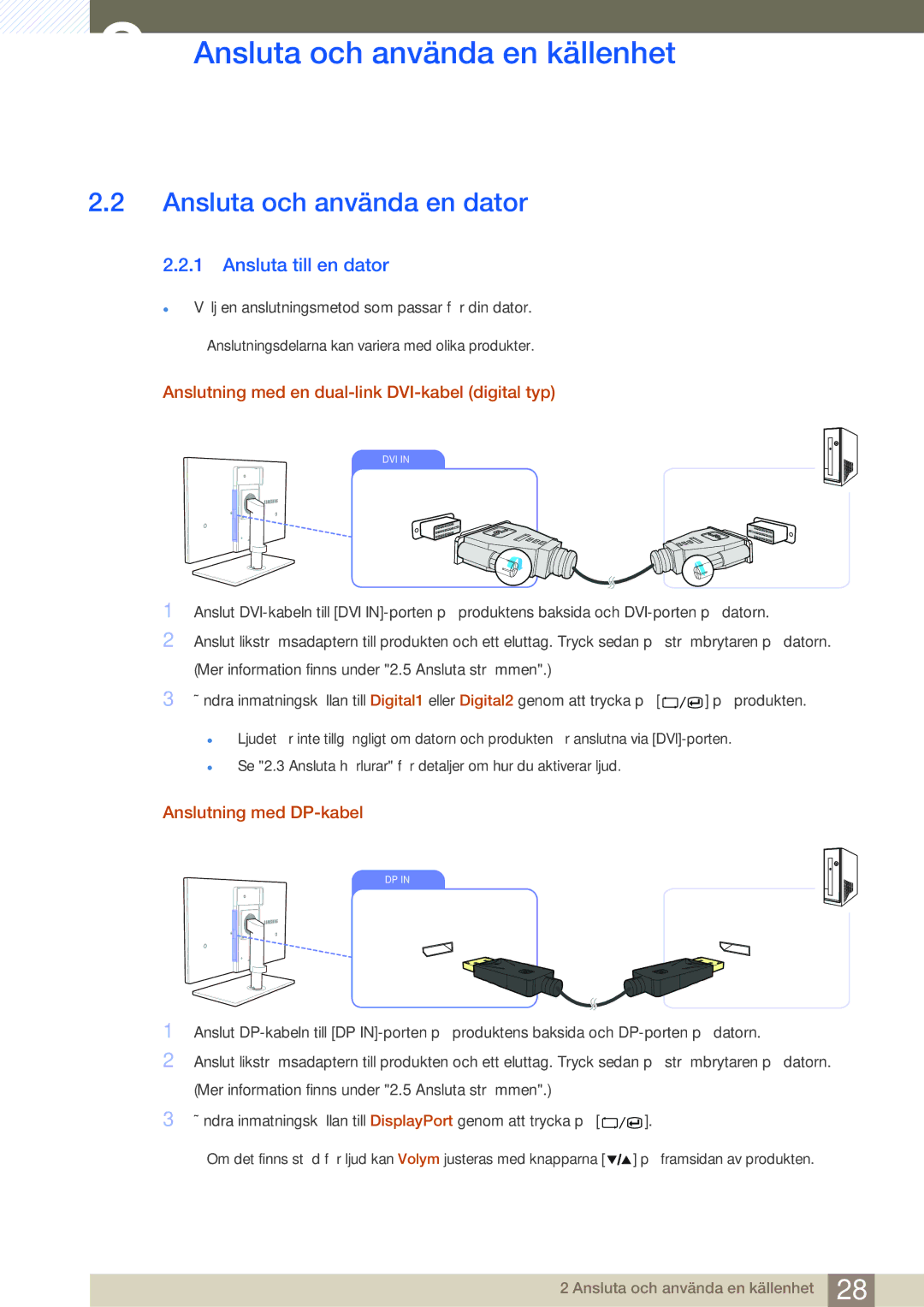 Samsung LS27A850DSR/EN, LS27A850DS/EN manual Ansluta och använda en dator, Ansluta till en dator, Anslutning med DP-kabel 