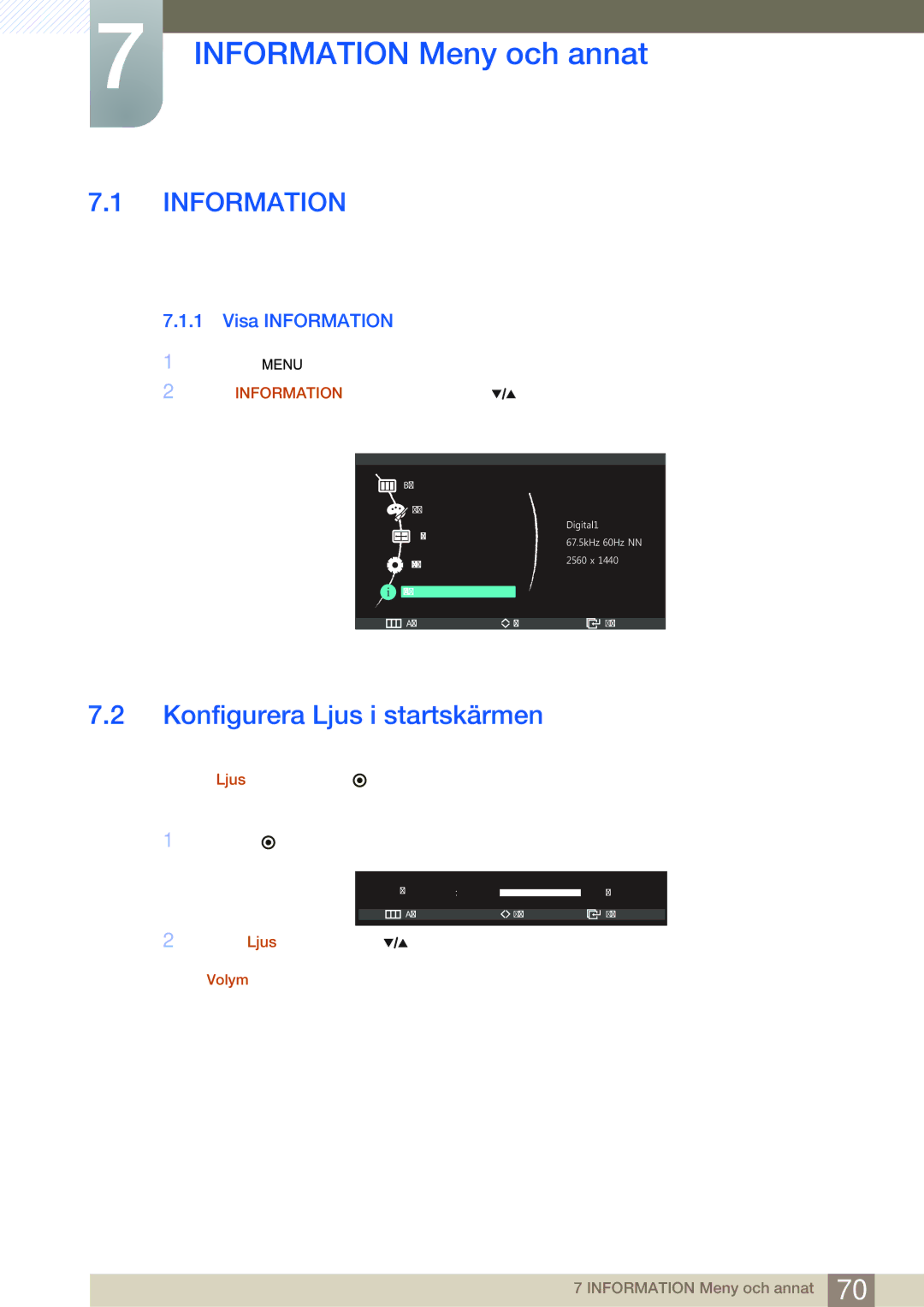 Samsung LS27A850DSR/EN, LS27A850DS/EN manual Information Meny och annat, Konfigurera Ljus i startskärmen, Visa Information 