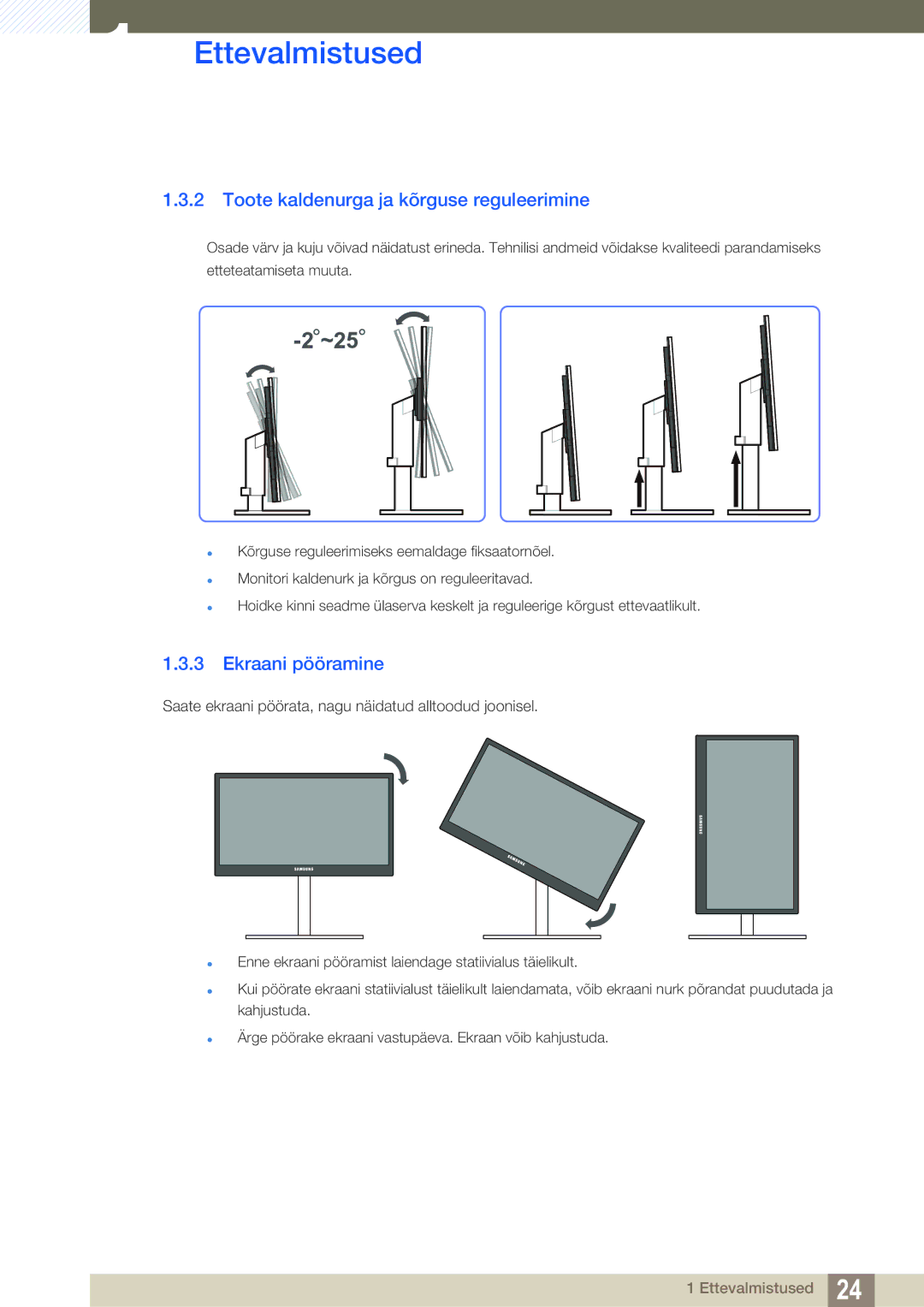 Samsung LS27A850DSR/EN, LS27A850DS/EN manual Toote kaldenurga ja kõrguse reguleerimine, Ekraani pööramine 