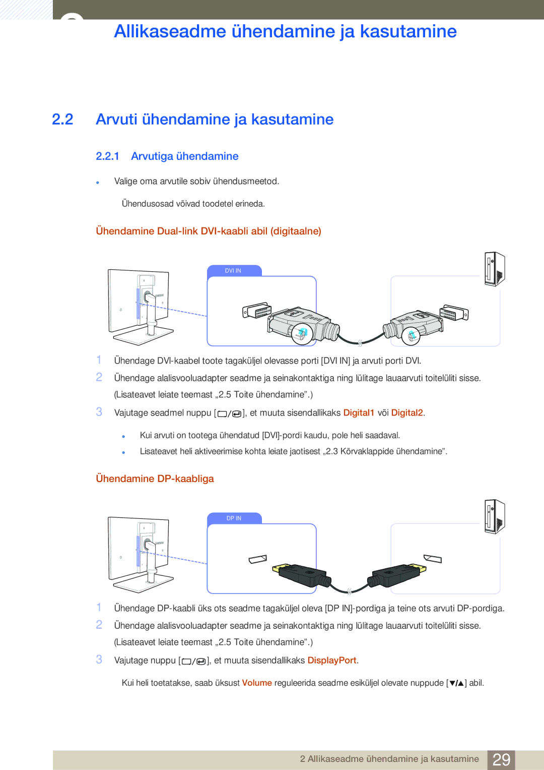 Samsung LS27A850DS/EN, LS27A850DSR/EN manual Arvuti ühendamine ja kasutamine, Arvutiga ühendamine, Ühendamine DP-kaabliga 