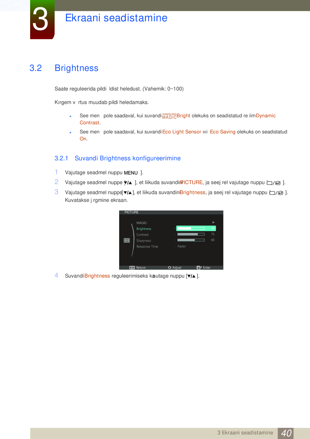 Samsung LS27A850DSR/EN, LS27A850DS/EN manual Suvandi Brightness konfigureerimine 