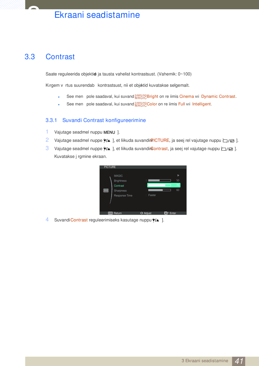 Samsung LS27A850DS/EN, LS27A850DSR/EN manual Suvandi Contrast konfigureerimine 