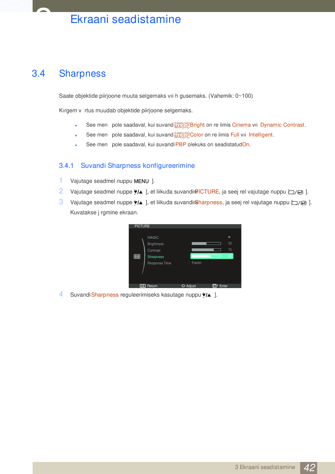 Samsung LS27A850DSR/EN, LS27A850DS/EN manual Suvandi Sharpness konfigureerimine 