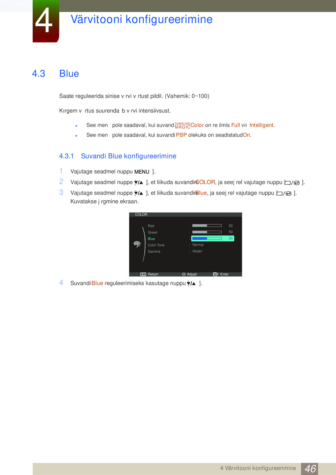 Samsung LS27A850DSR/EN, LS27A850DS/EN manual Suvandi Blue konfigureerimine 