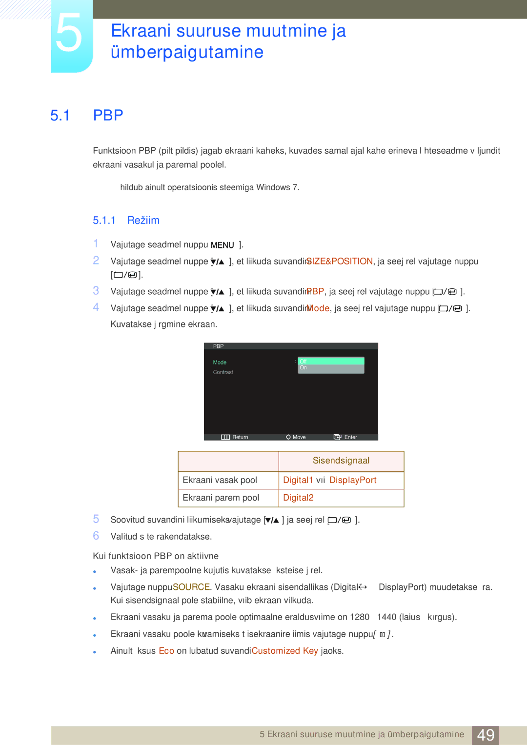 Samsung LS27A850DS/EN, LS27A850DSR/EN manual Ekraani suuruse muutmine ja ümberpaigutamine, Pbp, 1 Režiim 