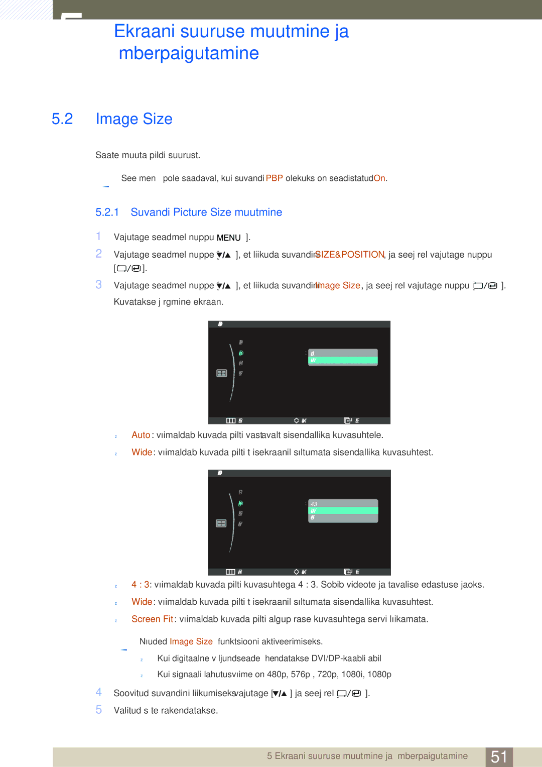 Samsung LS27A850DS/EN, LS27A850DSR/EN manual Image Size, Suvandi Picture Size muutmine 