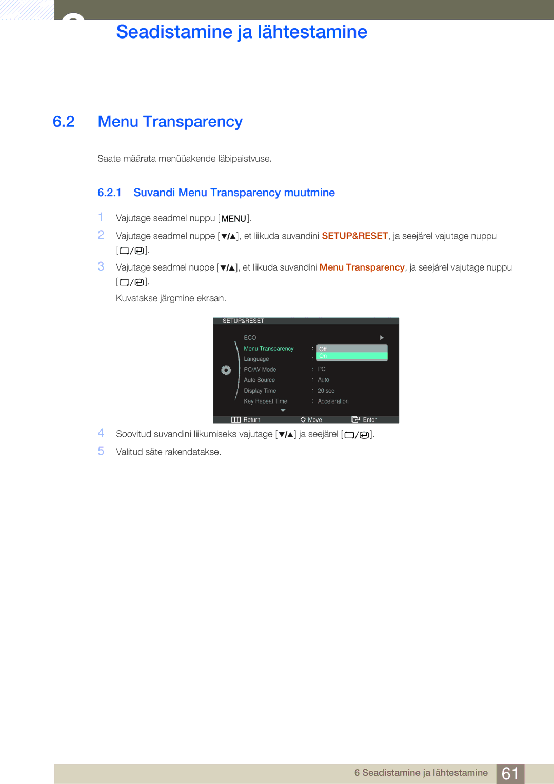 Samsung LS27A850DS/EN, LS27A850DSR/EN manual Suvandi Menu Transparency muutmine 