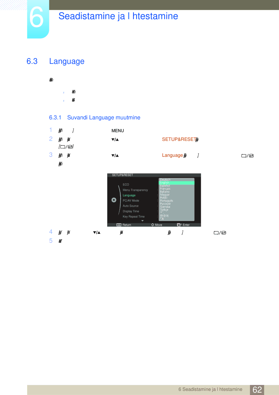 Samsung LS27A850DSR/EN, LS27A850DS/EN manual Suvandi Language muutmine 