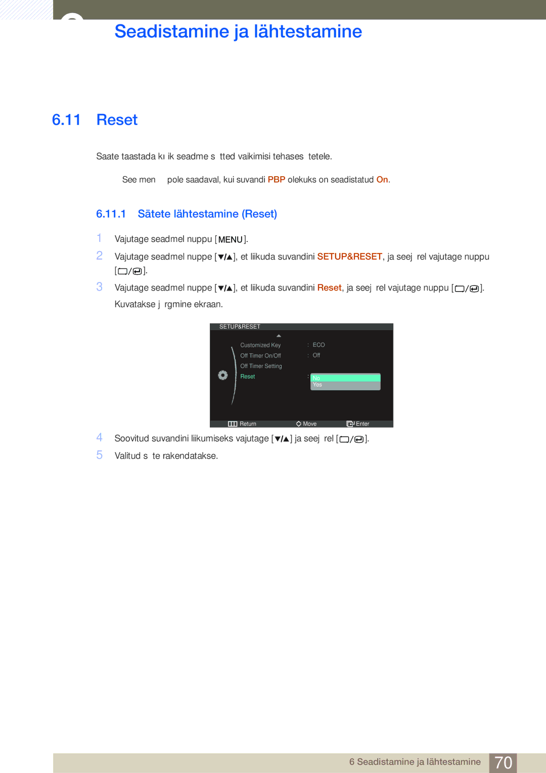 Samsung LS27A850DSR/EN, LS27A850DS/EN manual 11.1 Sätete lähtestamine Reset 