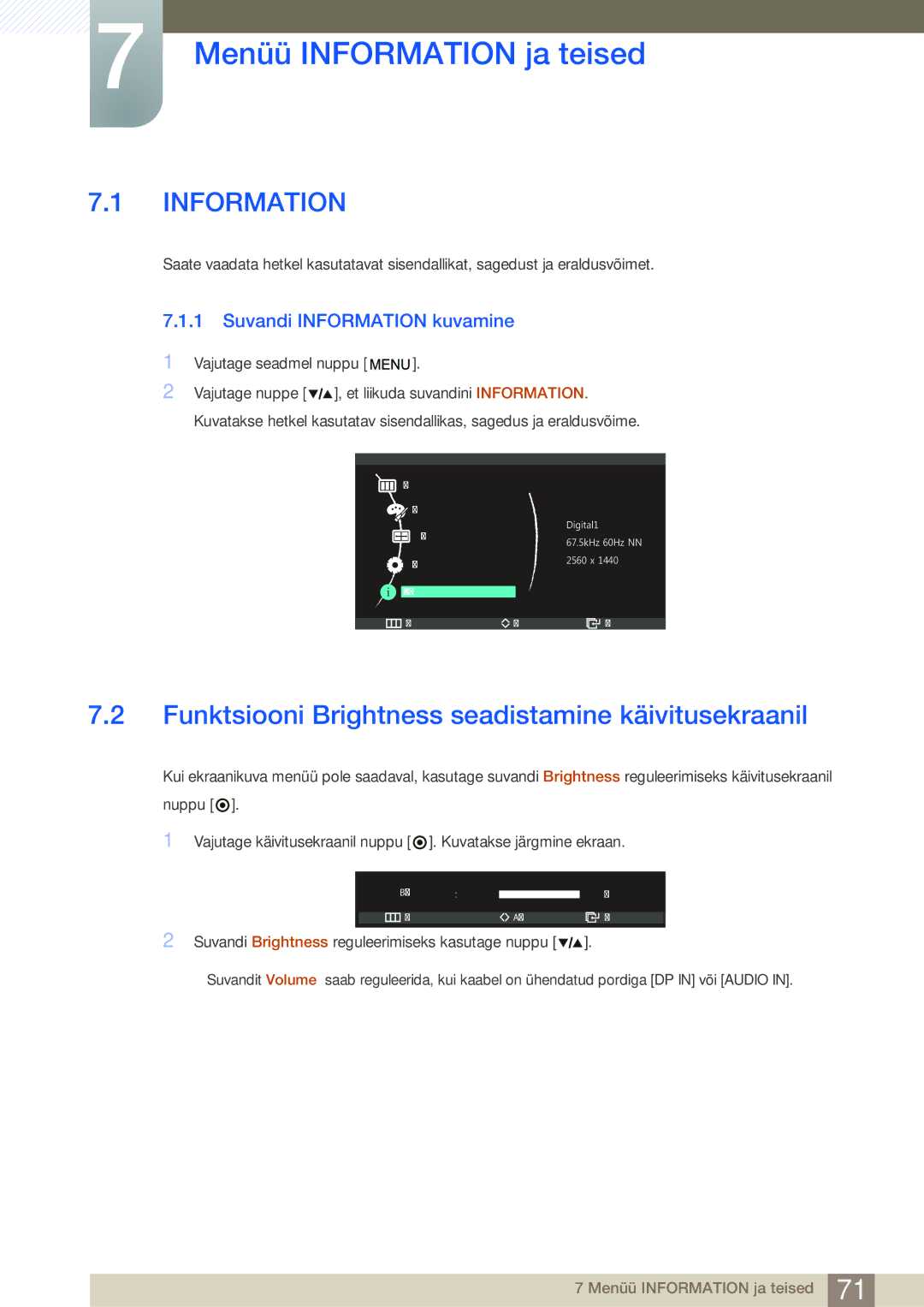 Samsung LS27A850DS/EN, LS27A850DSR/EN Menüü Information ja teised, Funktsiooni Brightness seadistamine käivitusekraanil 