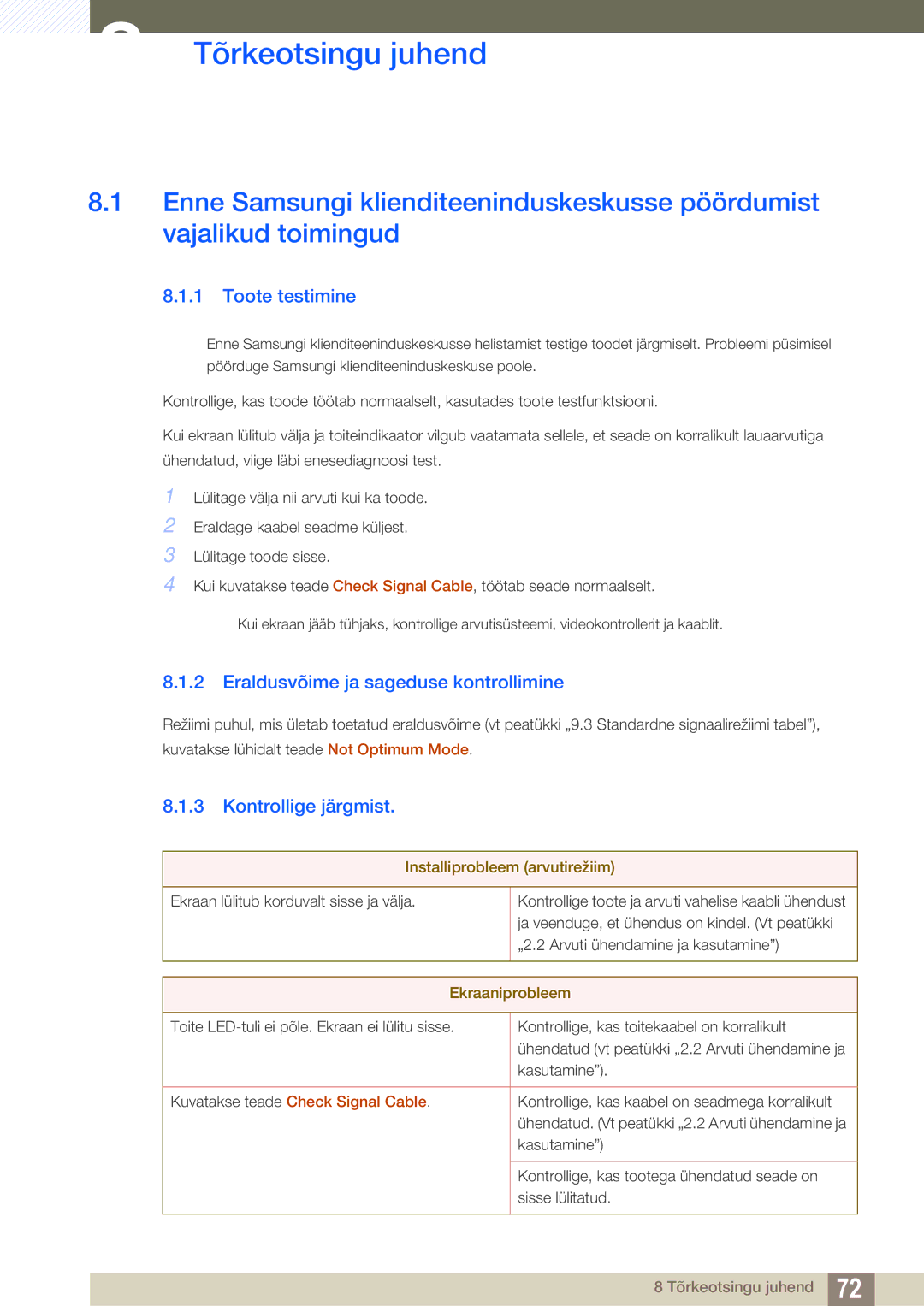 Samsung LS27A850DSR/EN Tõrkeotsingu juhend, Toote testimine, Eraldusvõime ja sageduse kontrollimine, Kontrollige järgmist 