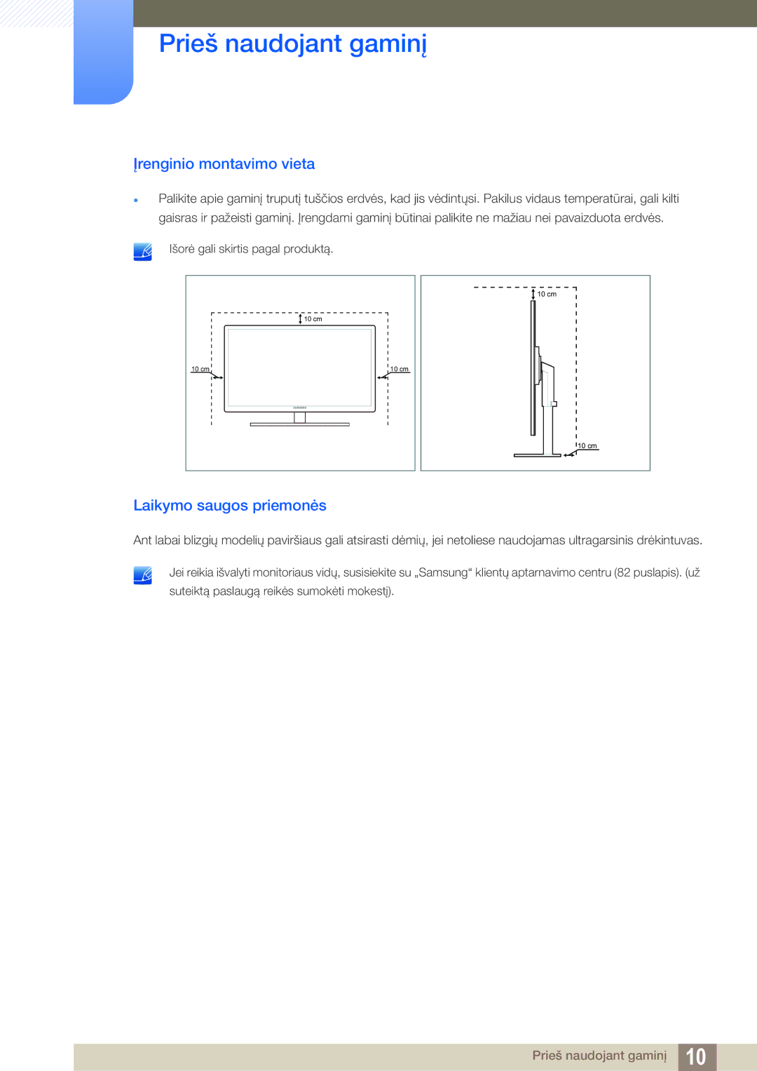 Samsung LS27A850DSR/EN, LS27A850DS/EN manual Įrenginio montavimo vieta, Laikymo saugos priemonės 