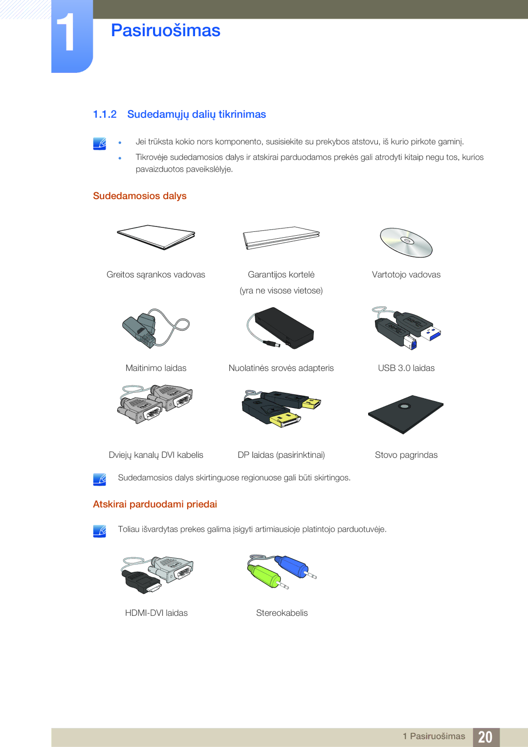 Samsung LS27A850DSR/EN, LS27A850DS/EN manual Sudedamųjų dalių tikrinimas, Sudedamosios dalys, Atskirai parduodami priedai 