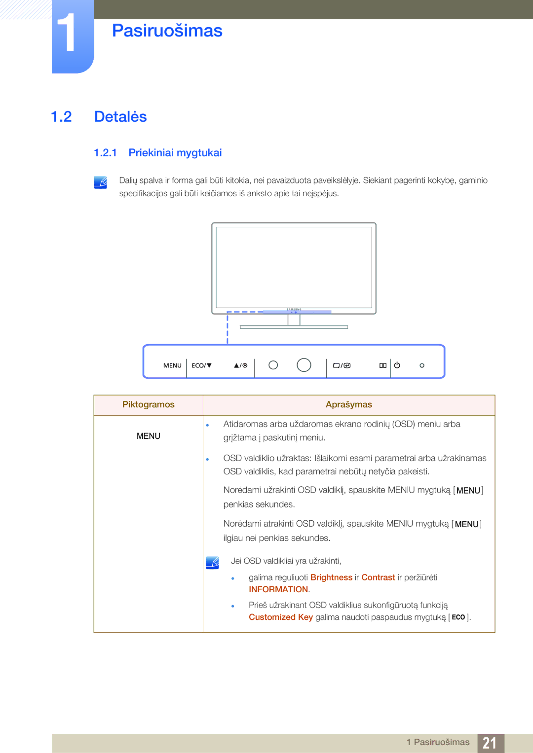 Samsung LS27A850DS/EN, LS27A850DSR/EN manual Detalės, Priekiniai mygtukai 