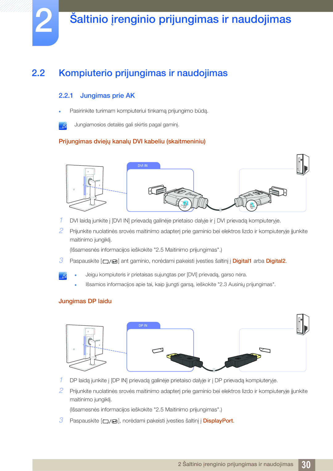 Samsung LS27A850DSR/EN, LS27A850DS/EN manual Kompiuterio prijungimas ir naudojimas, Jungimas prie AK, Jungimas DP laidu 