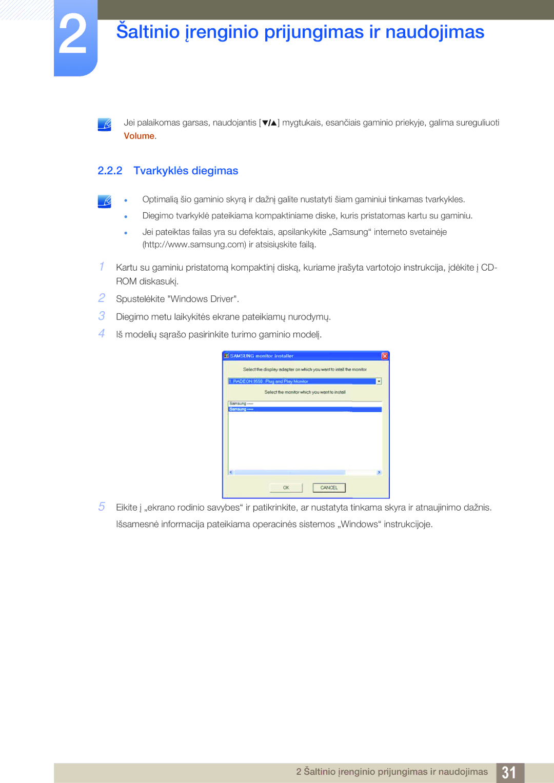 Samsung LS27A850DS/EN, LS27A850DSR/EN manual Tvarkyklės diegimas 