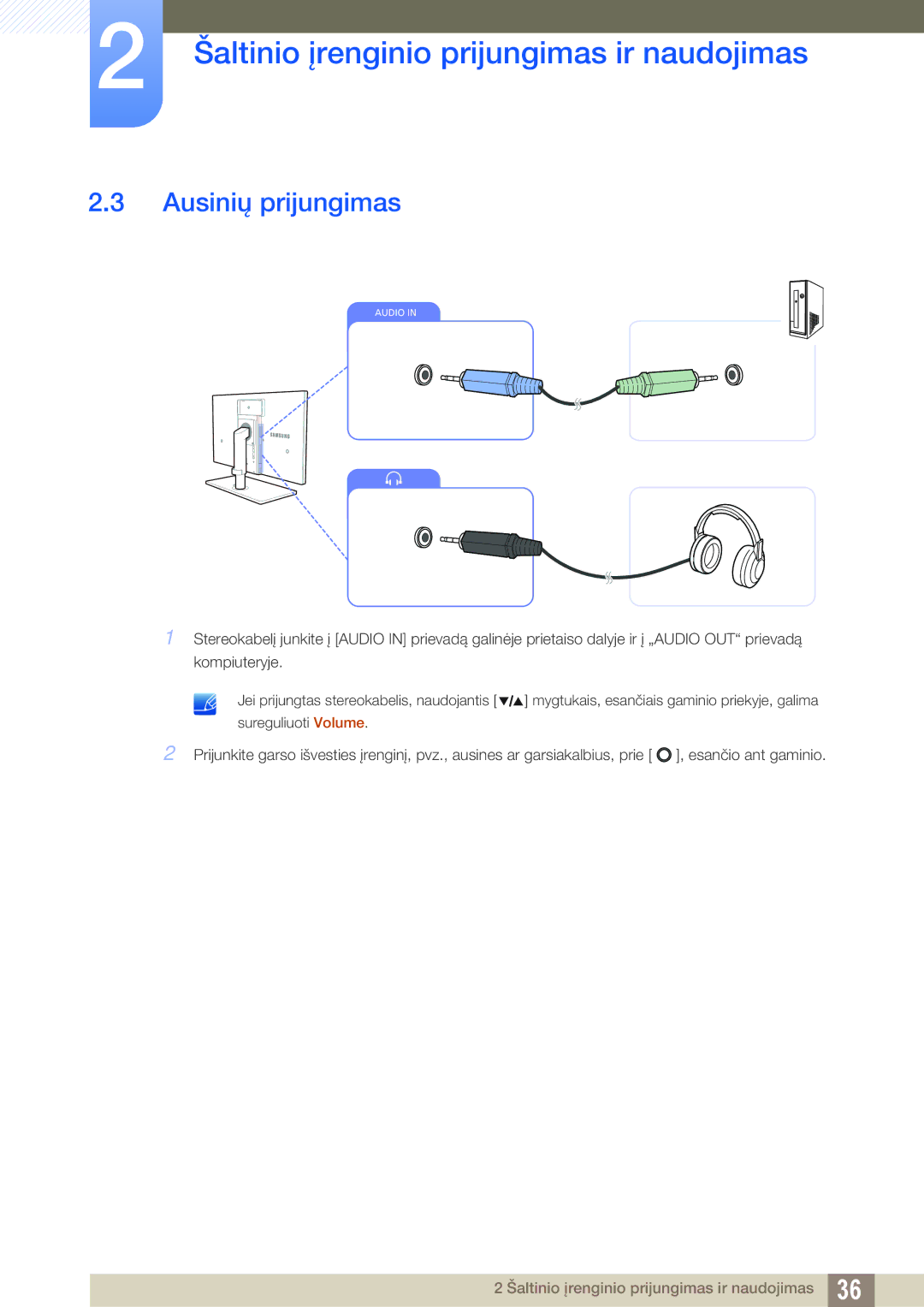 Samsung LS27A850DSR/EN, LS27A850DS/EN manual Ausinių prijungimas 