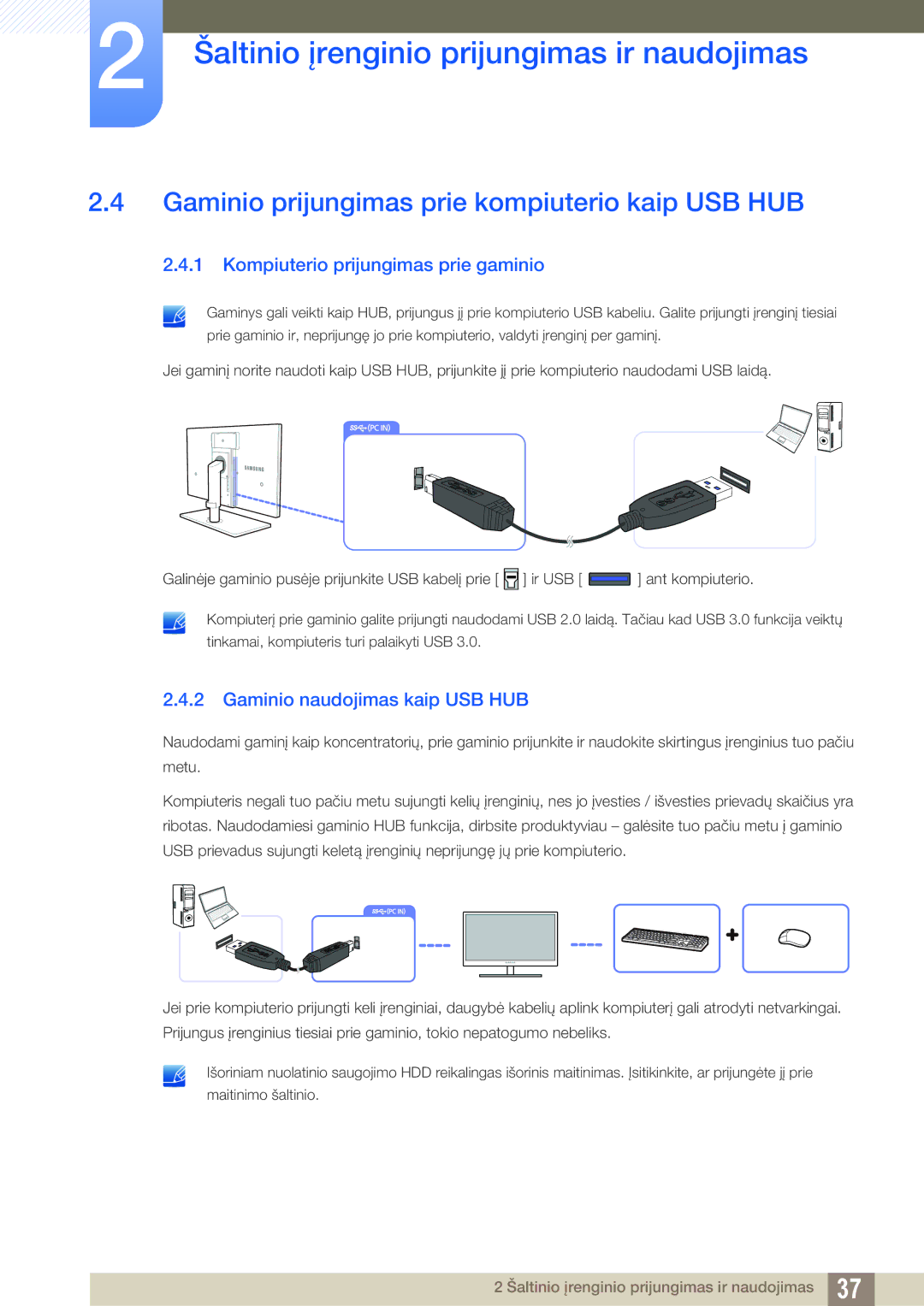 Samsung LS27A850DS/EN manual Gaminio prijungimas prie kompiuterio kaip USB HUB, Kompiuterio prijungimas prie gaminio 