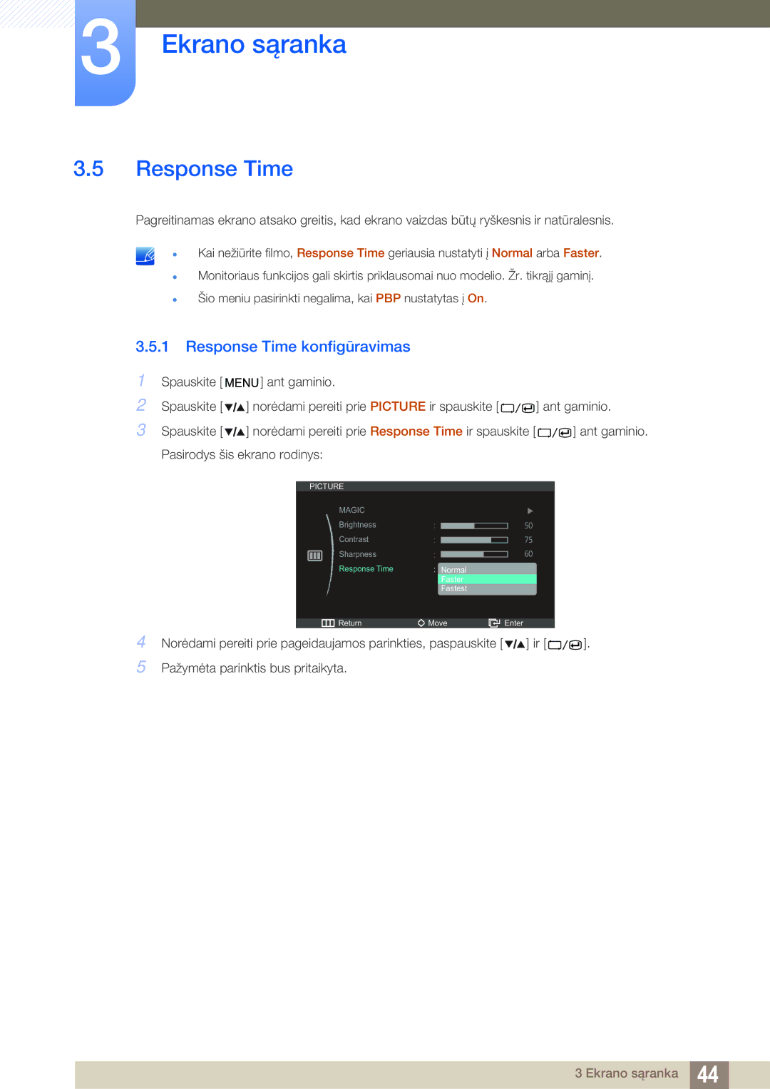 Samsung LS27A850DSR/EN, LS27A850DS/EN manual Response Time konfigūravimas 