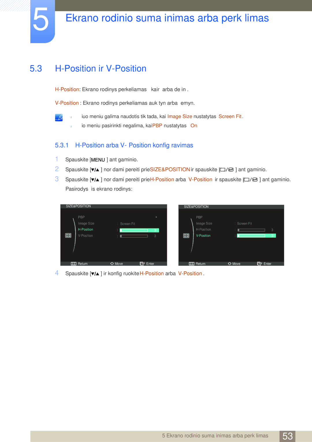 Samsung LS27A850DS/EN, LS27A850DSR/EN manual Position ir V-Position, Position arba V-Position konfigūravimas 