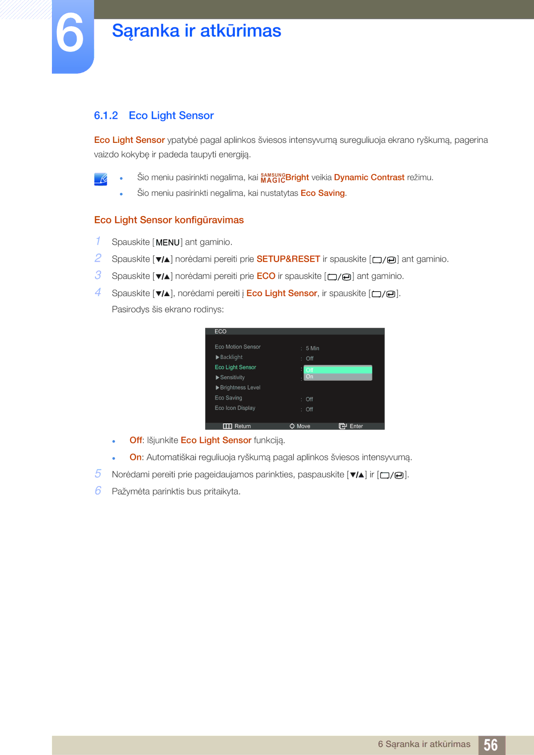 Samsung LS27A850DSR/EN, LS27A850DS/EN manual Eco Light Sensor konfigūravimas 