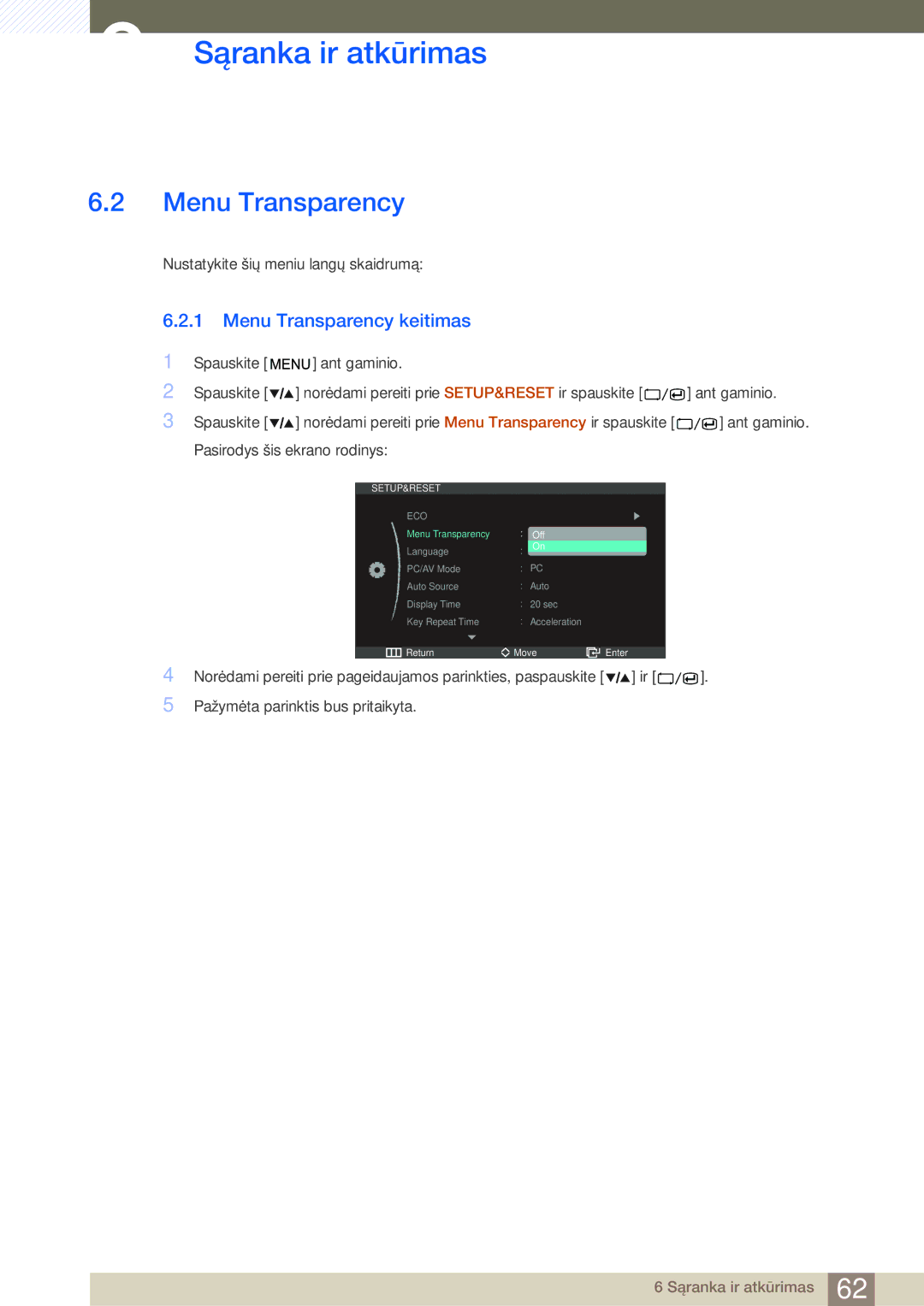 Samsung LS27A850DSR/EN, LS27A850DS/EN manual Menu Transparency keitimas 