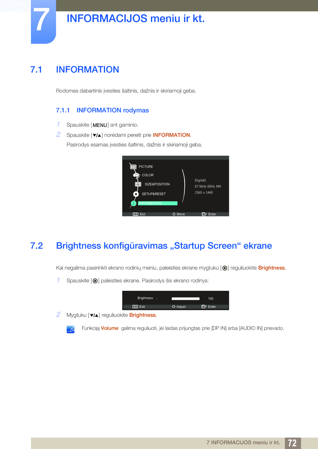 Samsung LS27A850DSR/EN Informacijos meniu ir kt, Brightness konfigūravimas „Startup Screen ekrane, Information rodymas 