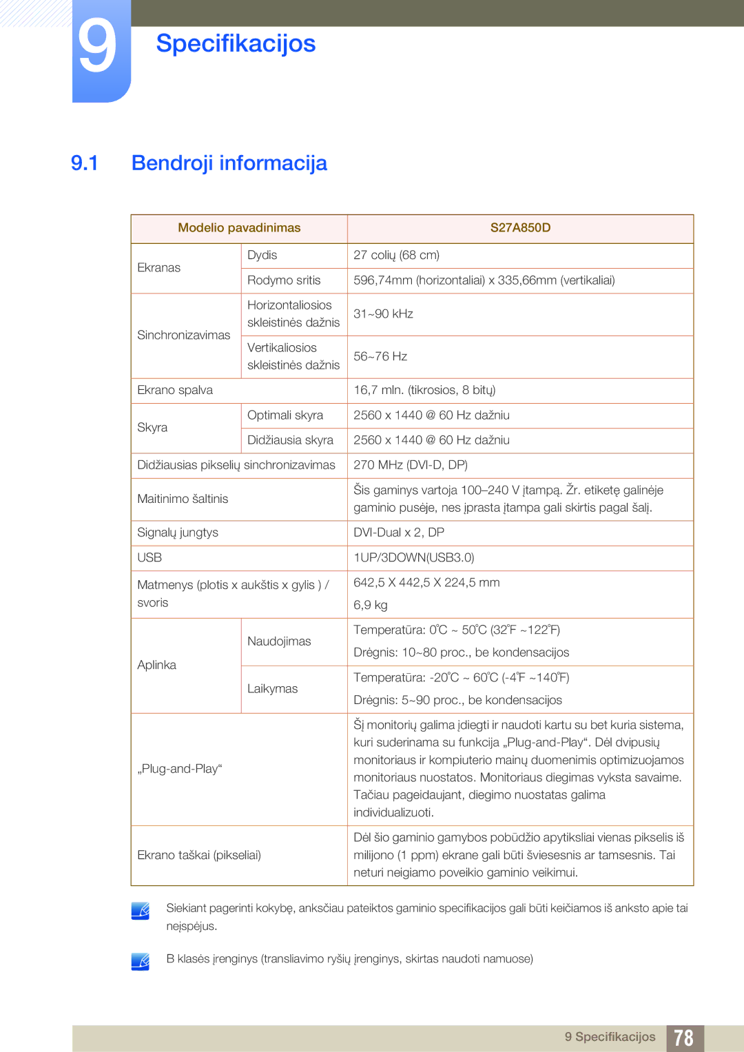 Samsung LS27A850DSR/EN, LS27A850DS/EN manual Specifikacijos, Bendroji informacija 