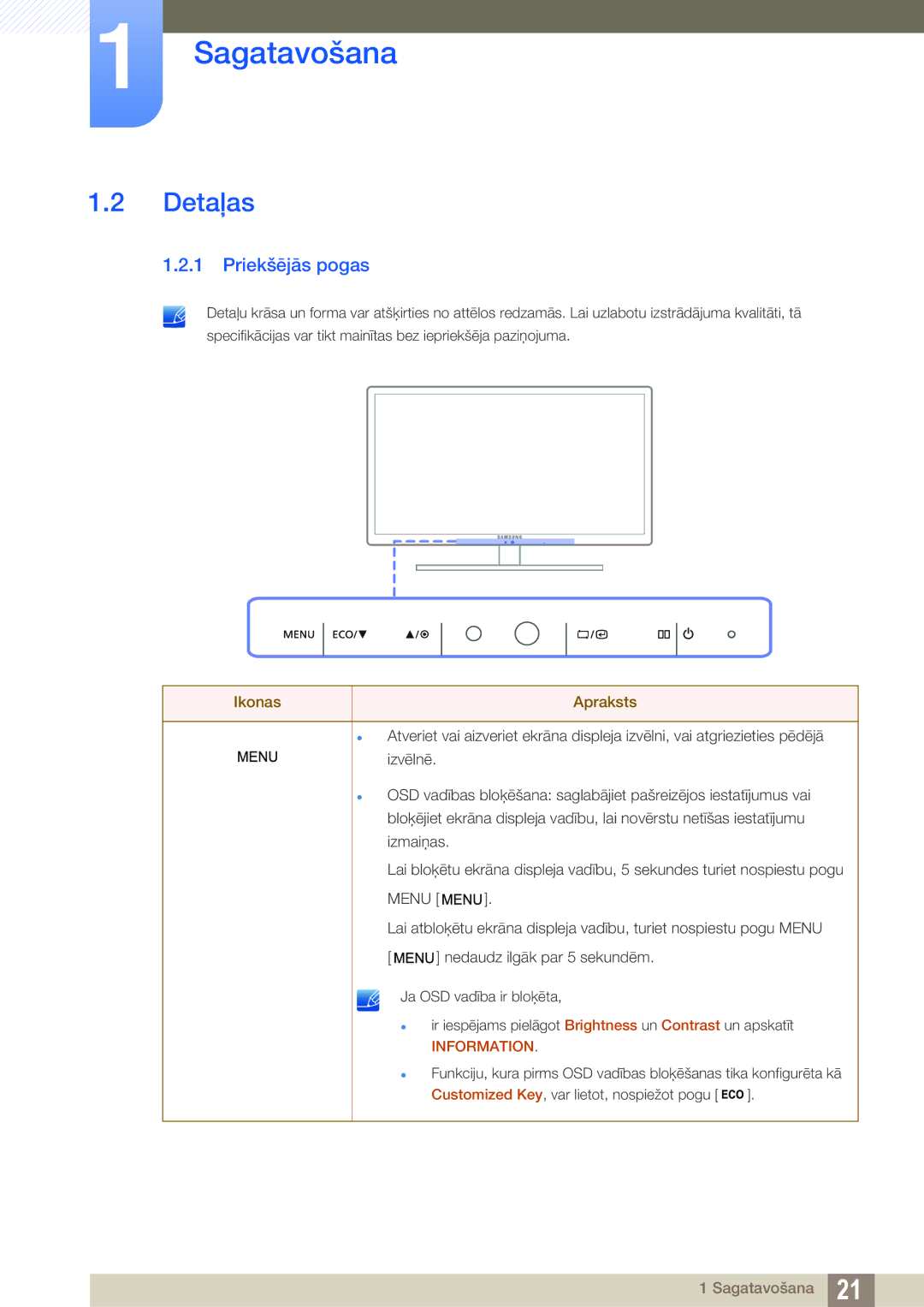 Samsung LS27A850DS/EN, LS27A850DSR/EN manual Detaļas, Priekšējās pogas 