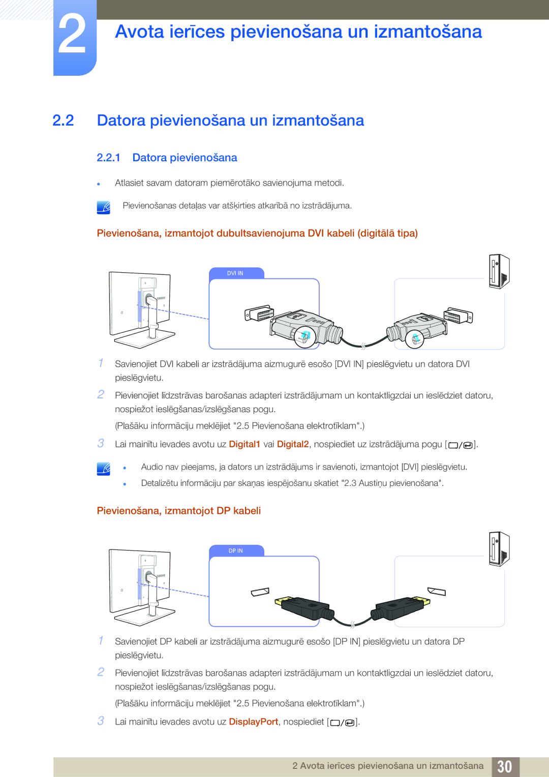 Samsung LS27A850DSR/EN, LS27A850DS/EN manual Datora pievienošana un izmantošana, Pievienošana, izmantojot DP kabeli 