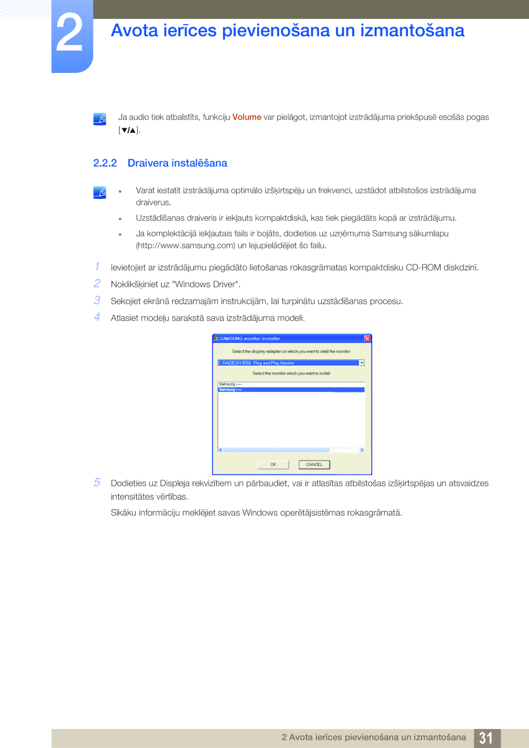 Samsung LS27A850DS/EN, LS27A850DSR/EN manual Draivera instalēšana 