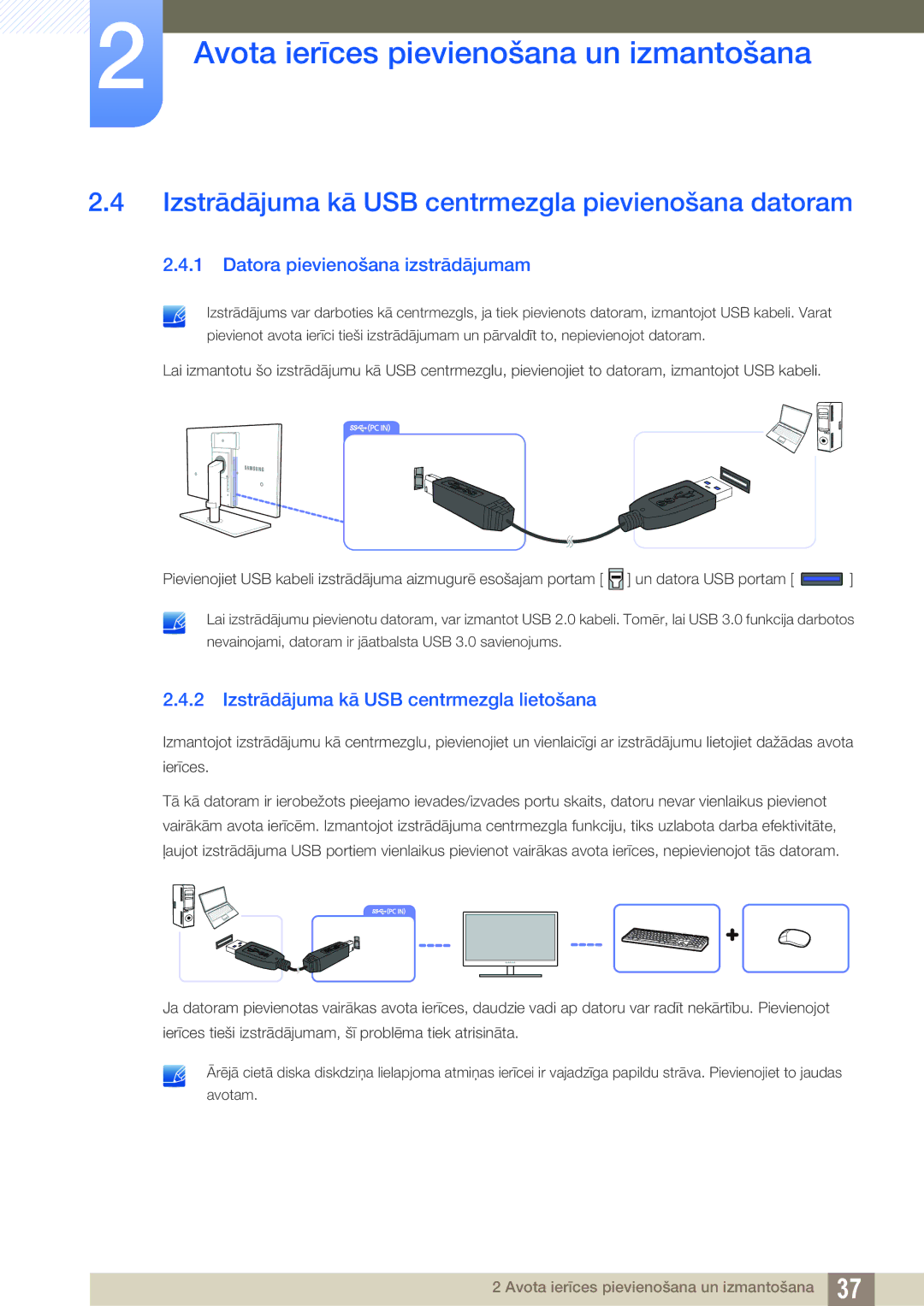 Samsung LS27A850DS/EN manual Izstrādājuma kā USB centrmezgla pievienošana datoram, Datora pievienošana izstrādājumam 