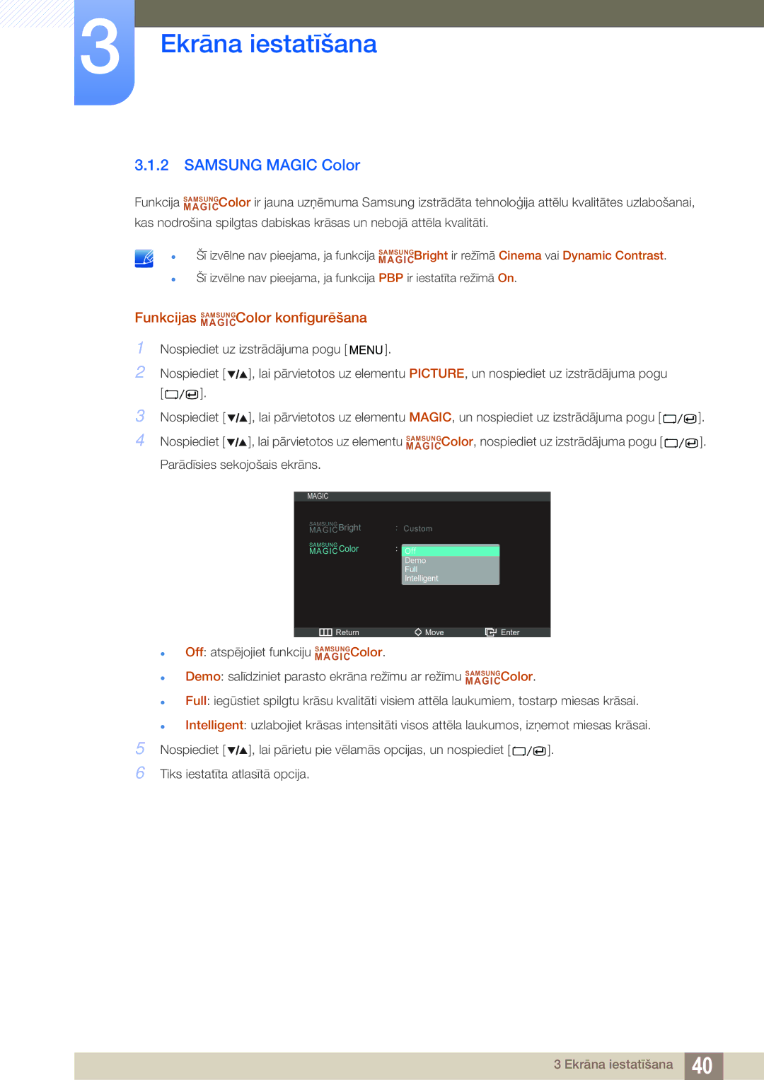 Samsung LS27A850DSR/EN, LS27A850DS/EN manual Samsung Magic Color, Funkcijas MAGICSAMSUNGColor konfigurēšana 