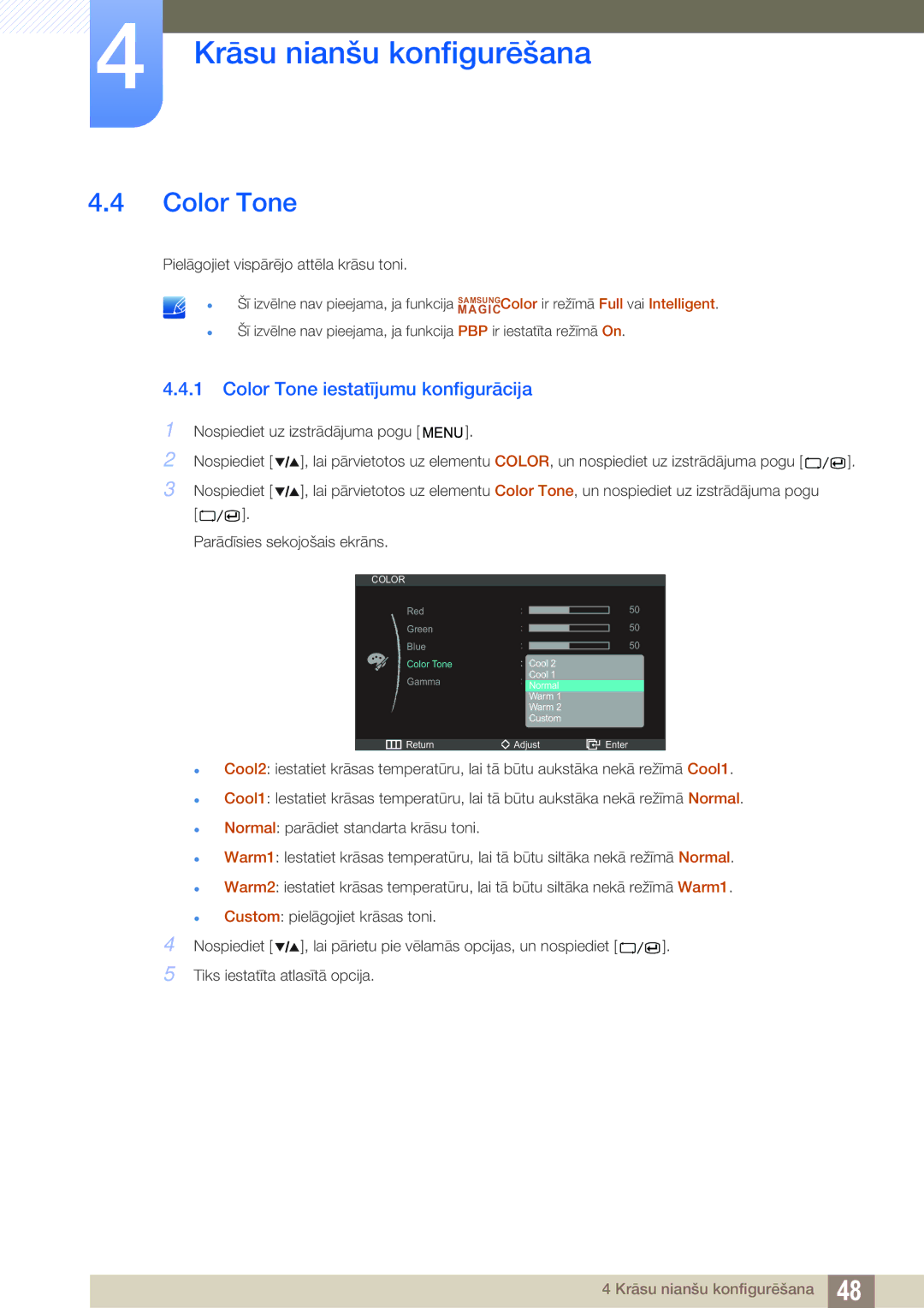 Samsung LS27A850DSR/EN, LS27A850DS/EN manual Color Tone iestatījumu konfigurācija 