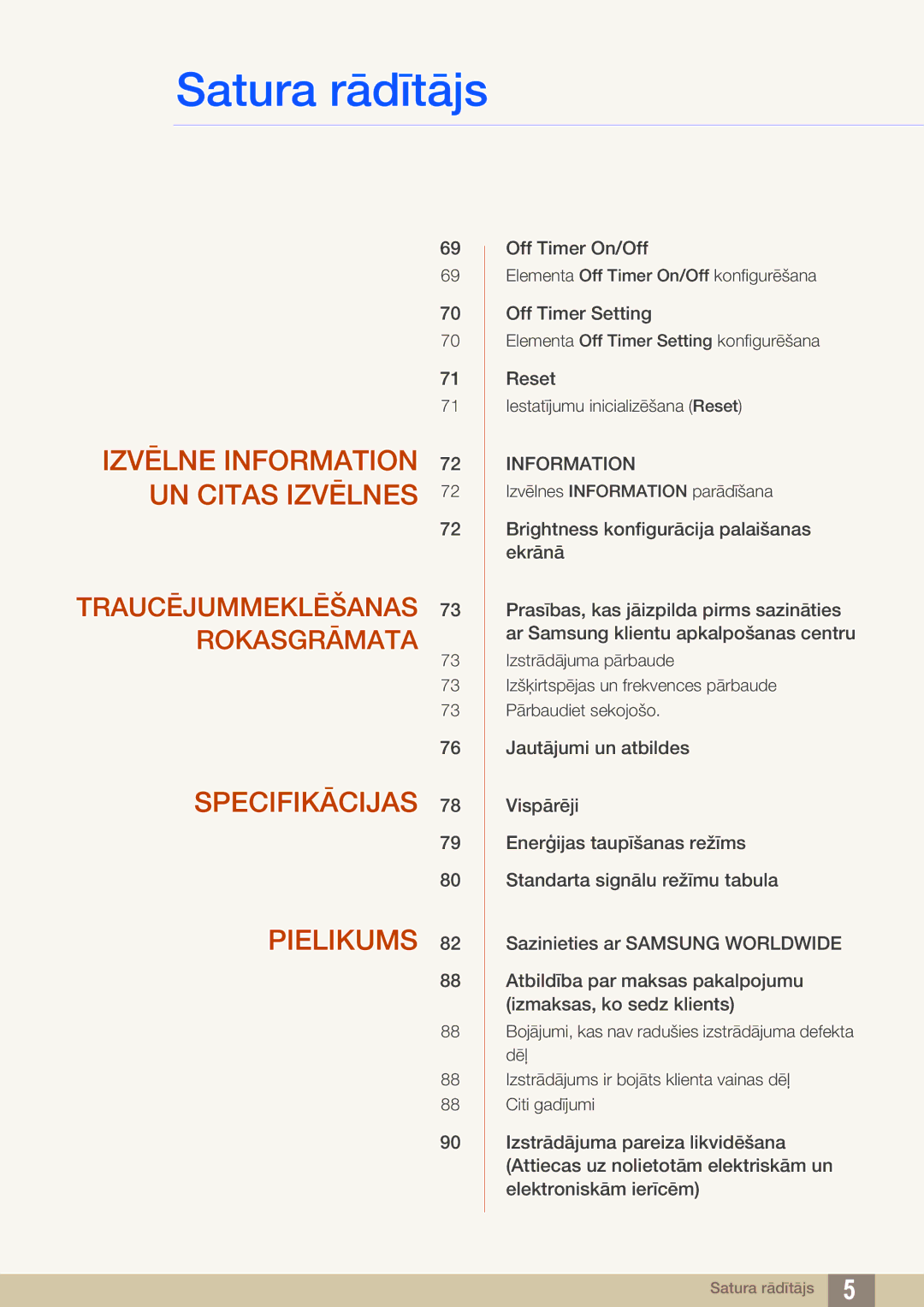 Samsung LS27A850DS/EN, LS27A850DSR/EN manual Izvēlne Information 72 UN Citas Izvēlnes 