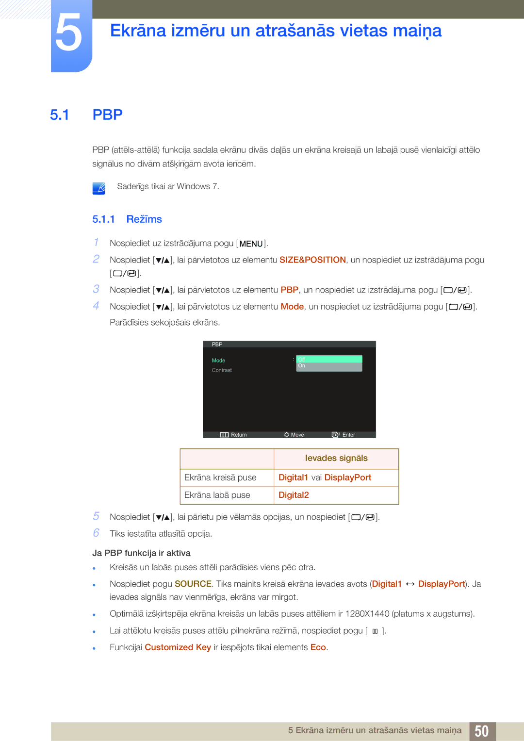 Samsung LS27A850DSR/EN, LS27A850DS/EN manual Ekrāna izmēru un atrašanās vietas maiņa, Pbp, 1 Režīms 