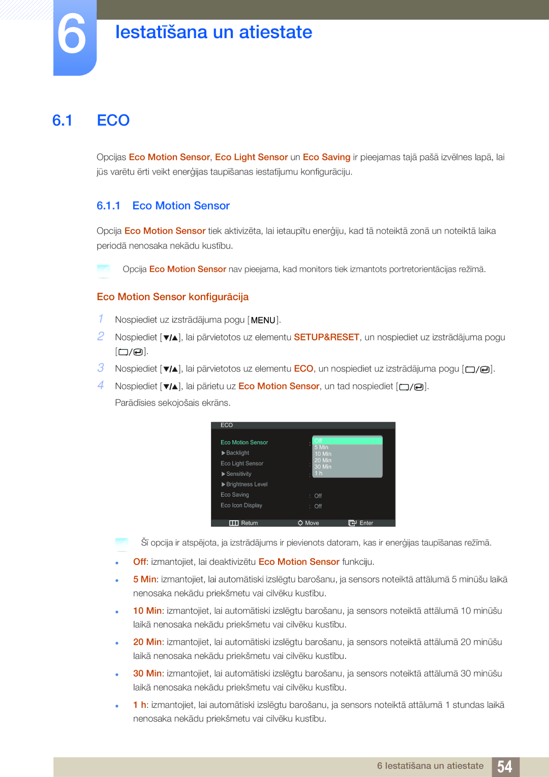 Samsung LS27A850DSR/EN, LS27A850DS/EN manual Iestatīšana un atiestate, Eco Motion Sensor konfigurācija 