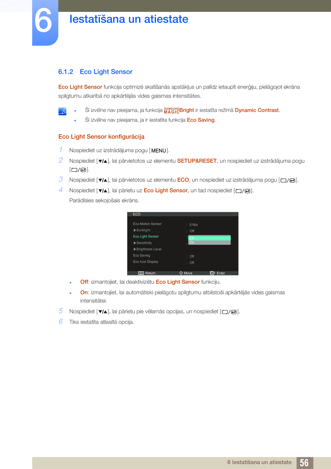 Samsung LS27A850DSR/EN, LS27A850DS/EN manual Eco Light Sensor konfigurācija 