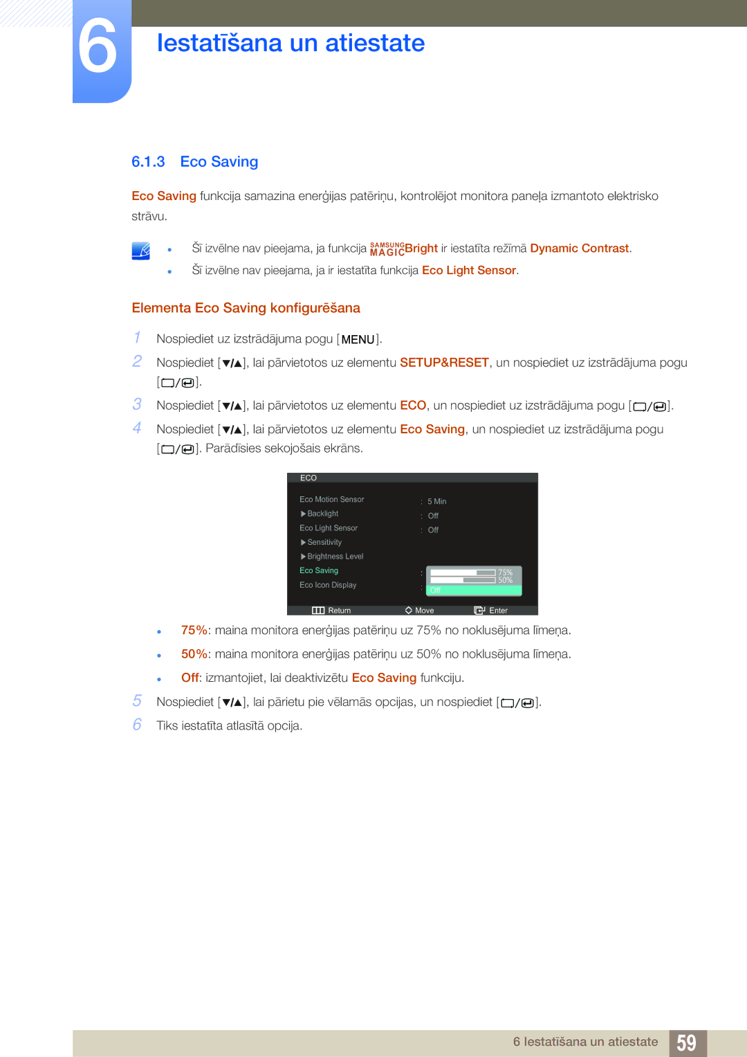 Samsung LS27A850DS/EN, LS27A850DSR/EN manual Elementa Eco Saving konfigurēšana 