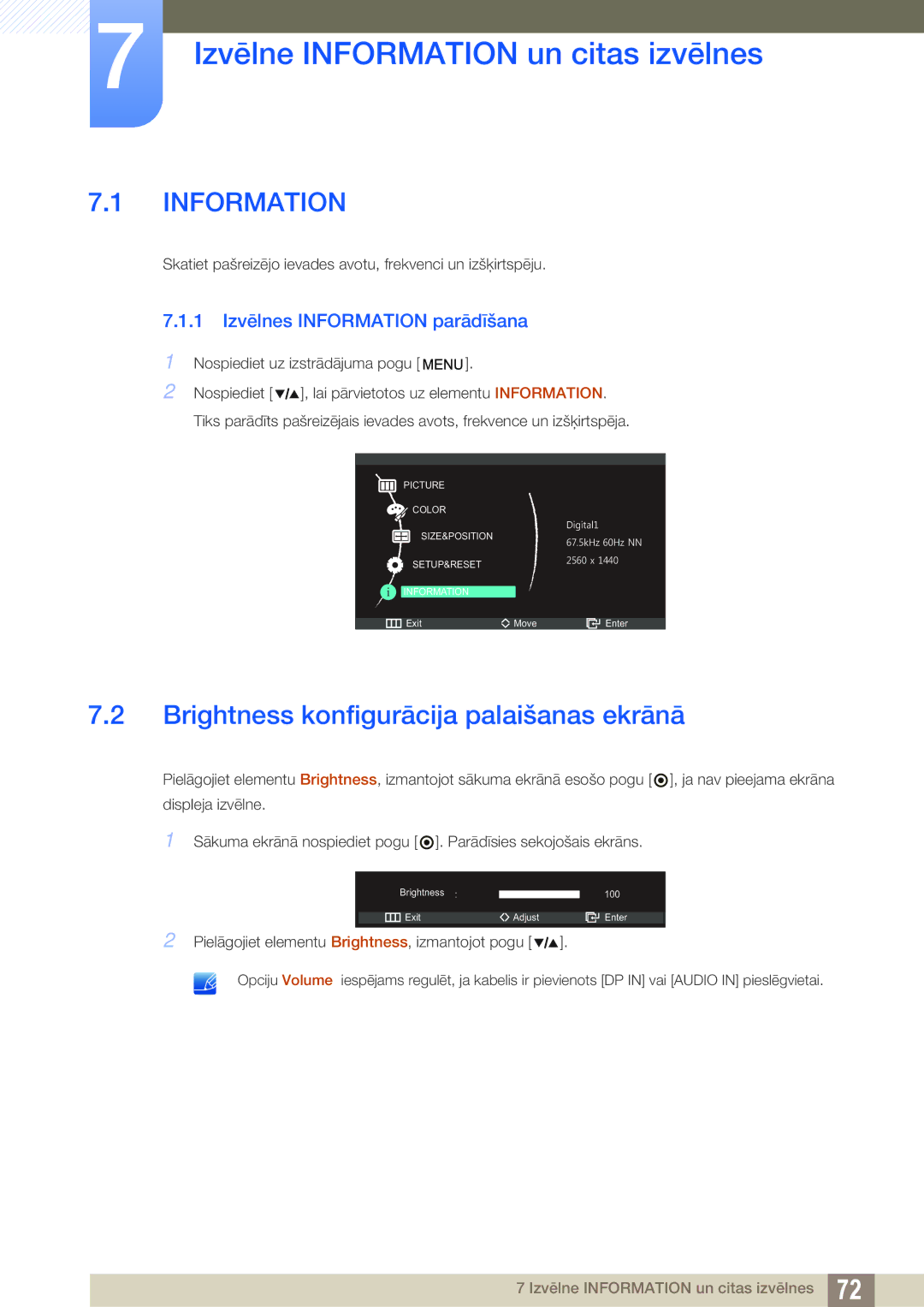 Samsung LS27A850DSR/EN, LS27A850DS/EN Izvēlne Information un citas izvēlnes, Brightness konfigurācija palaišanas ekrānā 