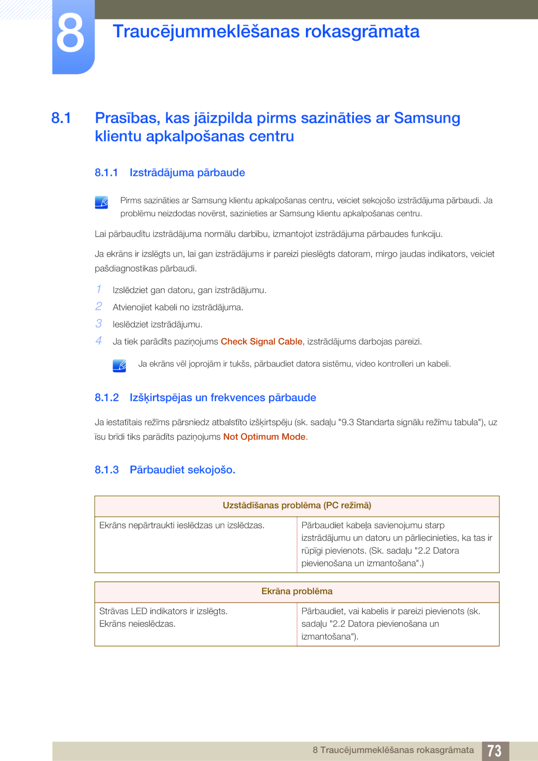 Samsung LS27A850DS/EN Traucējummeklēšanas rokasgrāmata, Izstrādājuma pārbaude, 2 Izšķirtspējas un frekvences pārbaude 