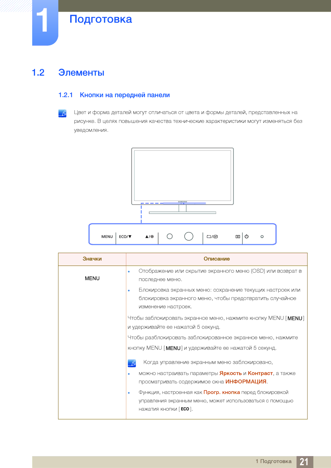 Samsung LS27A850DS/EN, LS27A850DSR/EN manual Элементы, 1 Кнопки на передней панели 