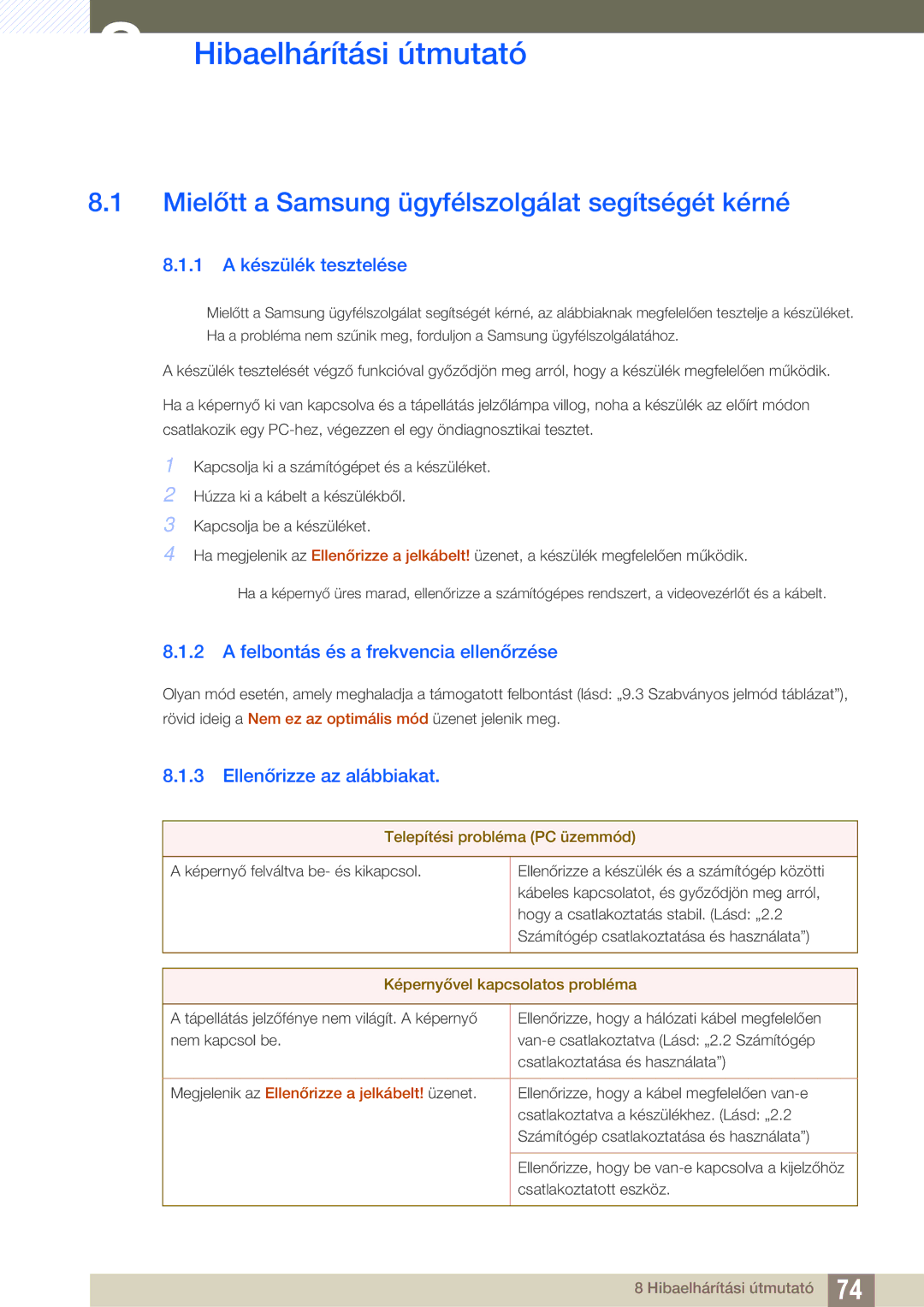 Samsung LS27A850DSR/EN, LS27A850DS/EN manual Hibaelhárítási útmutató, Mielőtt a Samsung ügyfélszolgálat segítségét kérné 