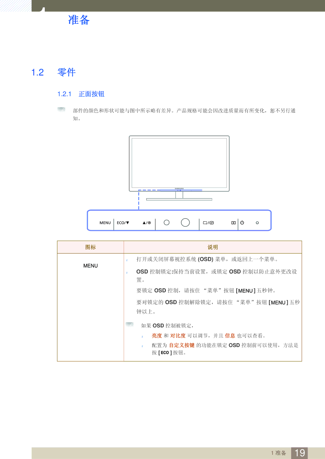 Samsung LS27A850DS/EN, LS27A850DSR/EN manual 1 正面按钮 