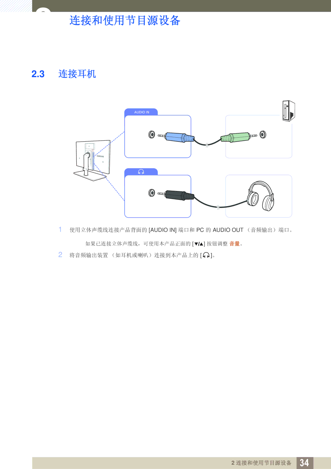 Samsung LS27A850DSR/EN, LS27A850DS/EN manual 连接耳机 