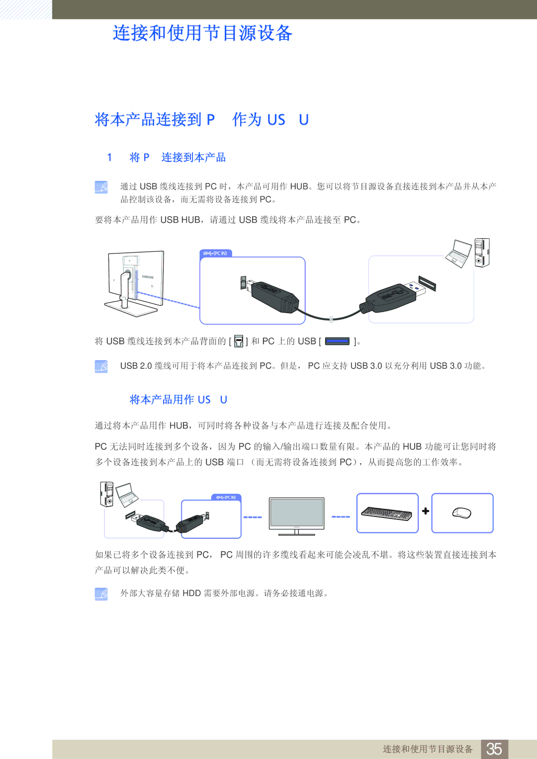 Samsung LS27A850DS/EN, LS27A850DSR/EN manual 将本产品连接到 Pc 作为 Usb Hub, 1 将 PC 连接到本产品, 2 将本产品用作 USB HUB 