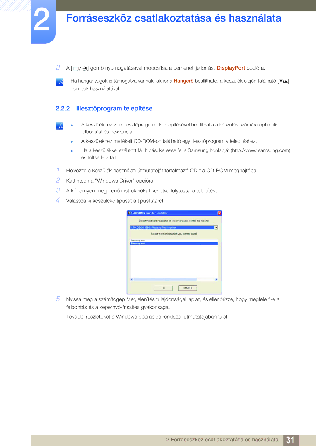 Samsung LS27A850DS/EN, LS27A850DSR/EN manual Illesztőprogram telepítése 